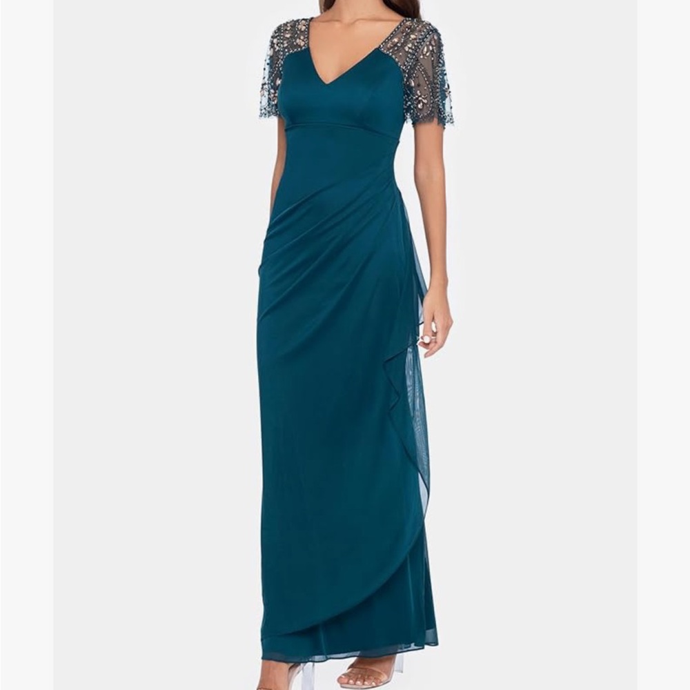 Xscape Beaded Flutter Sleeve Jersey Long Dress